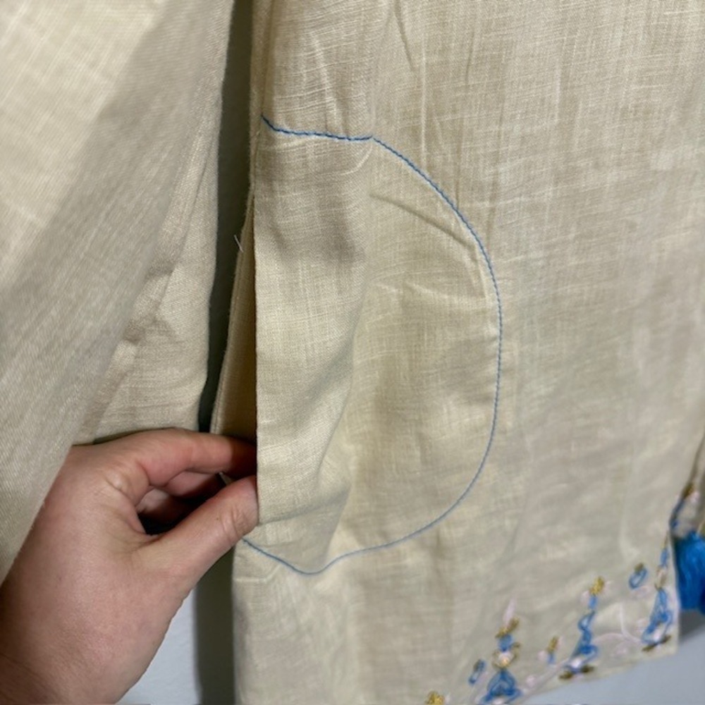 Svitlaya Embroidered Linen Tunic Dress Tan Blue Tassel Bell Sleeve L - Picture 6 of 11